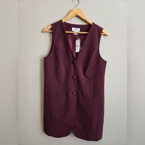 NWT Suzy Shier Burgendy Long Blazer Vest Mini Blazer Dress Small
